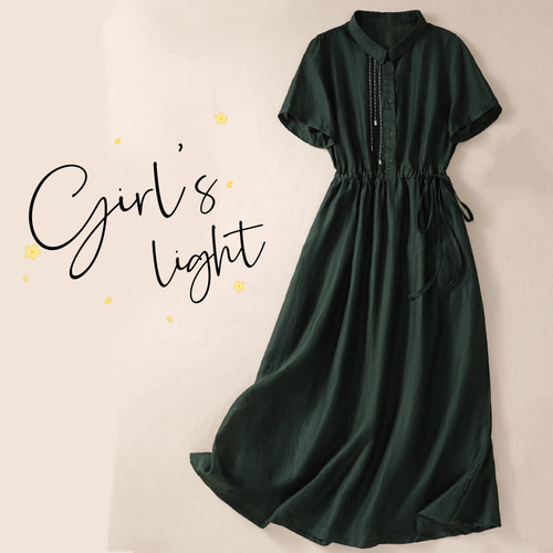 ダークグリーンワンピース、夏の綿麻ワンピース、エレガント、ロング丈