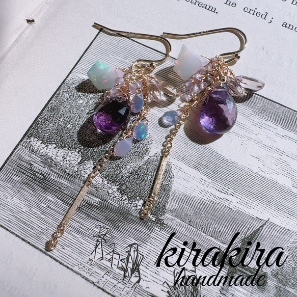 14kgfアメジストカービング・ブラックオパールピアス/イヤリング