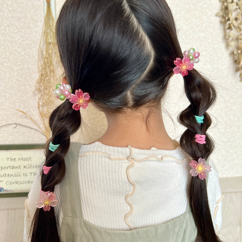 桜 春 ピンク ビーズ ヘアゴム ビーズボール キラキラ 髪ゴム