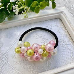 シュシュ  ヘアゴム  ビーズ  淡桜 シュシュ ミックスビーズボリュームシュシュ 新発売セール 大人