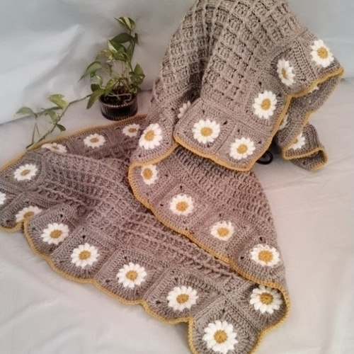 大判手編ブランケット ワッフル編み＋マーガレットお花モチーフ  