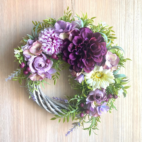 紫色のナチュラルフラワーリース/贈り物/ドアリース/アーティ