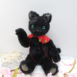 《送料無料》黒猫・青目　赤い襟飾り25cm 3枚目の画像