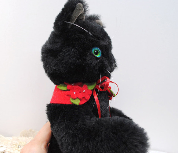 《送料無料》黒猫・青目　赤い襟飾り25cm 7枚目の画像