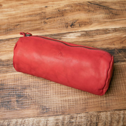 大筆袋（小袋）大容量牛皮真皮【紅色】圓筒筆袋HAK015 第1張的照片
