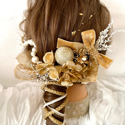 《送料無料》＊和紐とパールの髪飾り＊シャンパン×ゴールド 卒業式 結婚式 成人式 紐アレンジ パール ベルベットリボン 3枚目の画像