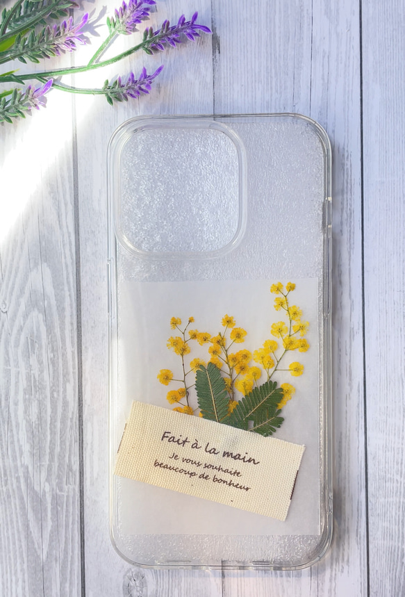 スマホ インナーシート ミモザ ブーケ 花束 iPhone ケース 花 挟む ギフト プレゼント 1枚目の画像
