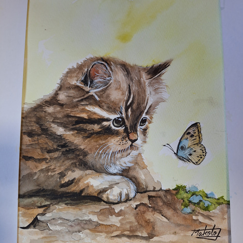 水彩画 キュートで可愛い子猫 絵画 makochin 通販 18518282
