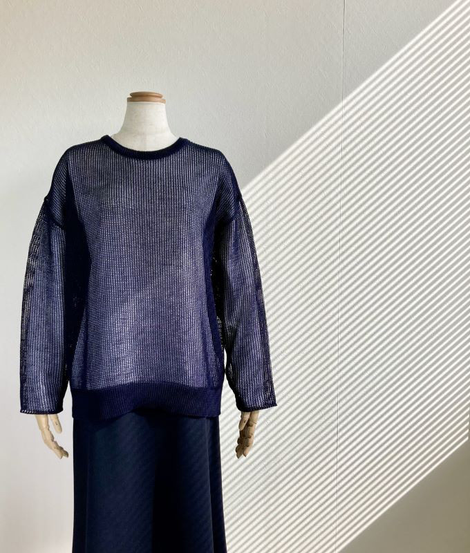 『春夏』コットン100％　サラッとした透かし編みセーター　【ブラックネイビー】