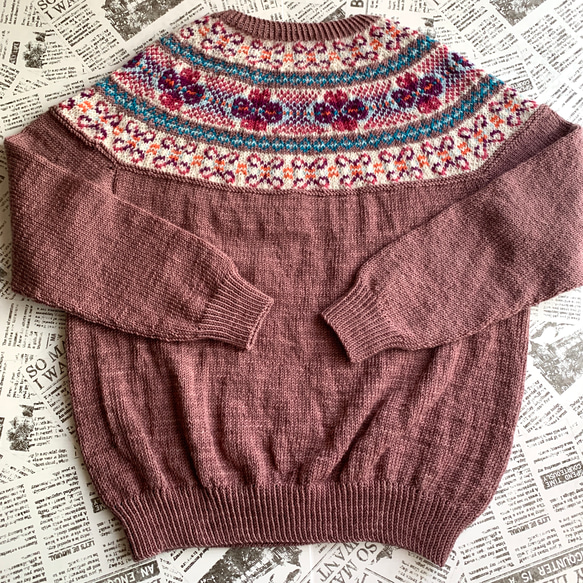 丸ヨークセーター　モーブ　手編み 