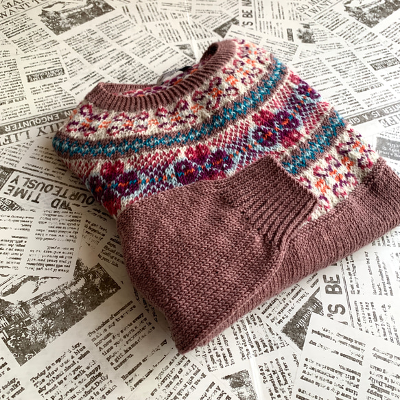 丸ヨークセーター　モーブ　手編み 