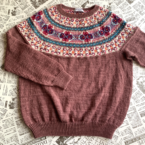 丸ヨークセーター　モーブ　手編み 