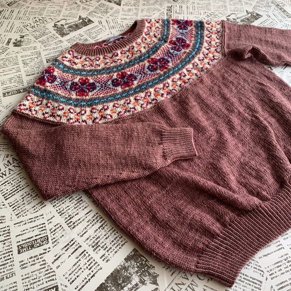 丸ヨークセーター　モーブ　手編み 