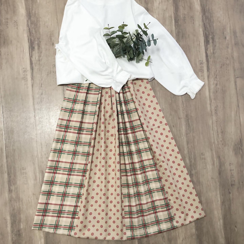 YUWA チェック×ドット の パッチワーク風 ベージュ ギャザースカート
