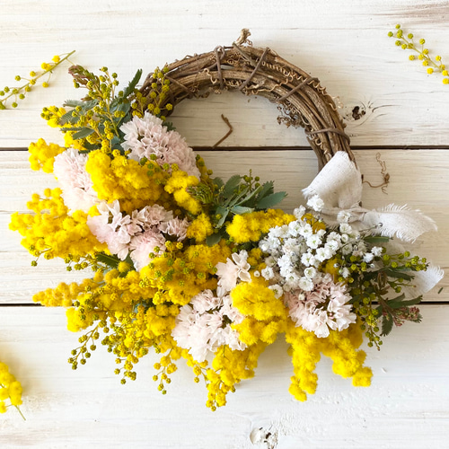 春のミモザとスターチスのハーフリース② リース Rosa Cherry 通販  