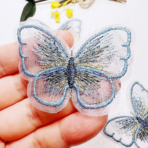 4 ブルー〈6枚〉Lサイズ 蝶 モチーフ 刺繍 レース パーツ 春