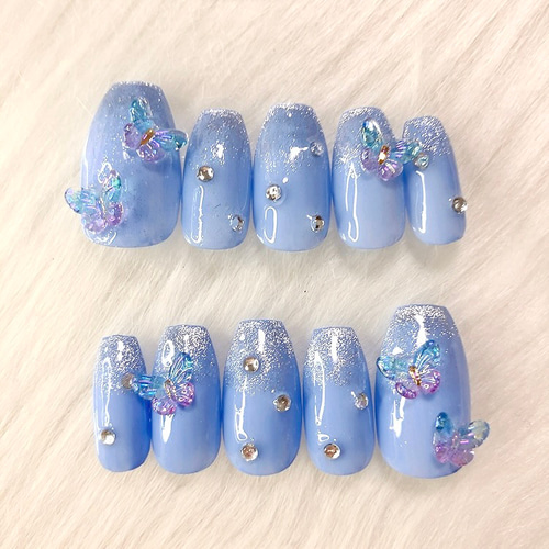 No.74 バタフライ×マグネットグラデ ネイルチップ 蝶々 韓国 ギャル  