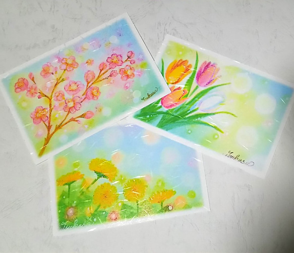 春の花３種の絵葉書(和紙)　桜・チューリップ・たんぽぽ　パステルアート 1枚目の画像