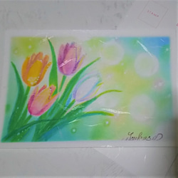春の花３種の絵葉書(和紙)　桜・チューリップ・たんぽぽ　パステルアート 3枚目の画像