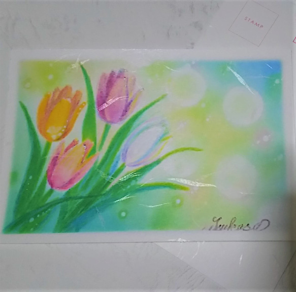 春の花３種の絵葉書(和紙)　桜・チューリップ・たんぽぽ　パステルアート 3枚目の画像