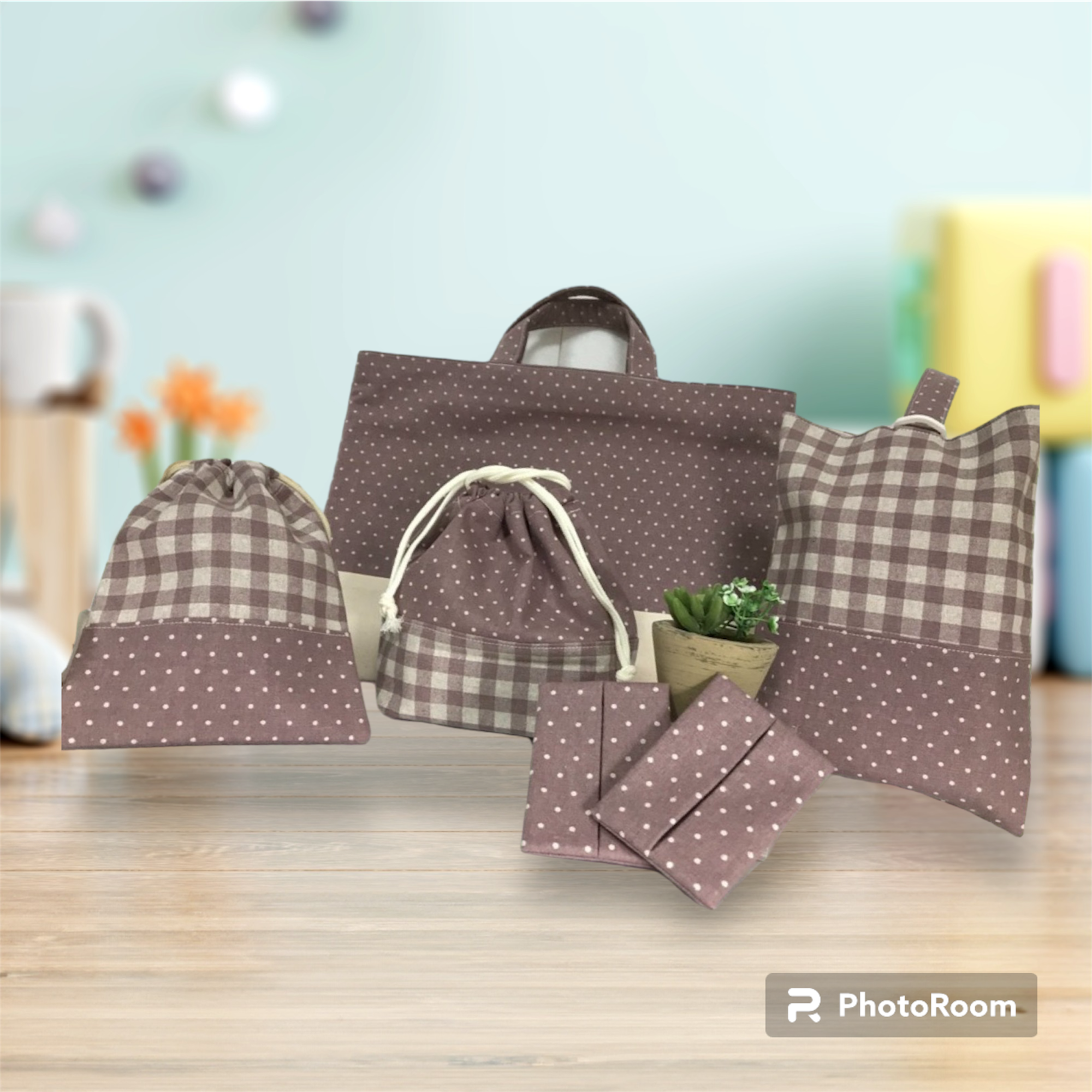 ドット柄チェック柄ピンク色入園・入学準備・グッズ：レッスンバッグ・上履き袋・お弁当袋・コップ袋・ミニティッシュケース