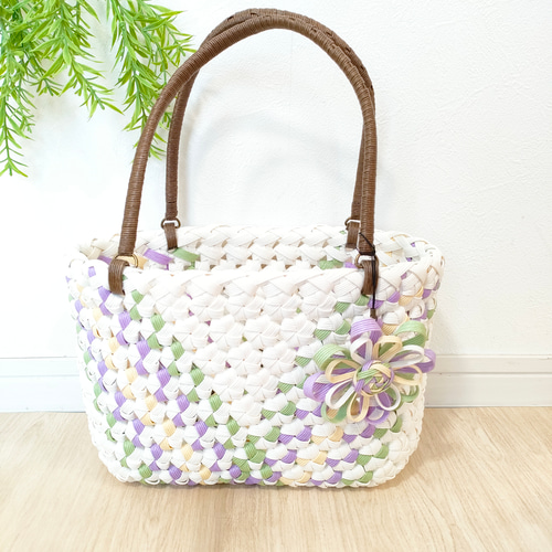 ホワイト編み込みかごバッグ 編み込みホワイト Mサイズ 2WAYプラカゴバッグ かごバッグ | plaCargot