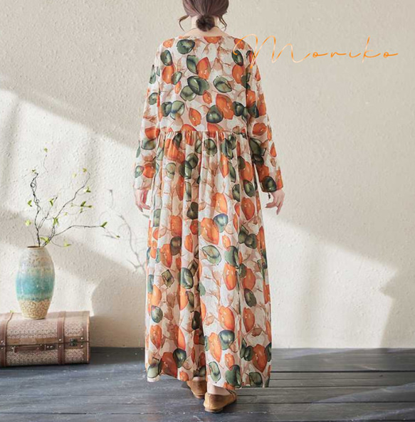 初春.オレンジ色.綿麻.長袖ロングワンピース.夏スカート 4枚目の画像