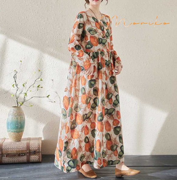 初春.オレンジ色.綿麻.長袖ロングワンピース.夏スカート 2枚目の画像