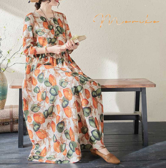 初春.オレンジ色.綿麻.長袖ロングワンピース.夏スカート 1枚目の画像