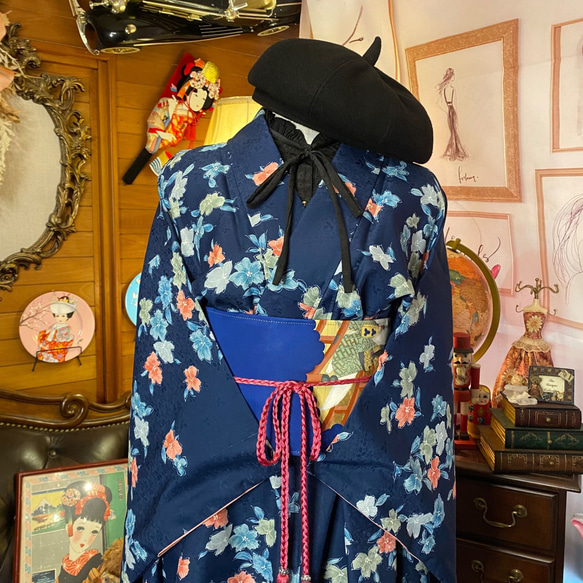 着物 洗える 化繊 ワンピース ドレス ハンドメイド リメイク 帯サッシュベルト KW-302 2枚目の画像