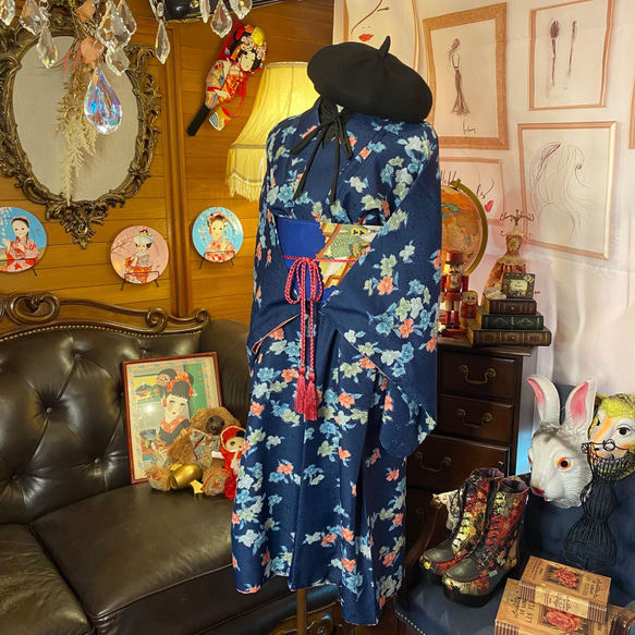 着物 洗える 化繊 ワンピース ドレス ハンドメイド リメイク 帯サッシュベルト KW-302 5枚目の画像