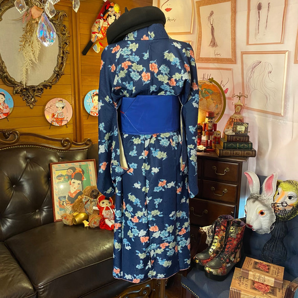 着物 洗える 化繊 ワンピース ドレス ハンドメイド リメイク 帯サッシュベルト KW-302 6枚目の画像