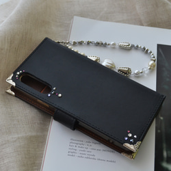 手帳型スマホケース『ヴァイオレットアメジストの花と小さなダイヤモンド』マットな黒いカバー ほぼ全機種注文可能 5枚目の画像