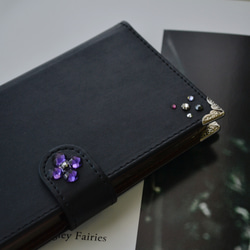 手帳型スマホケース『ヴァイオレットアメジストの花と小さなダイヤモンド』マットな黒いカバー ほぼ全機種注文可能 6枚目の画像