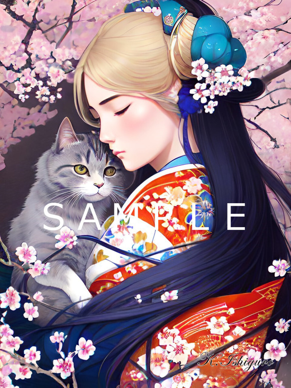 猫と女性と桜(オリジナルイラスト)A4額付き　№s-4183 1枚目の画像