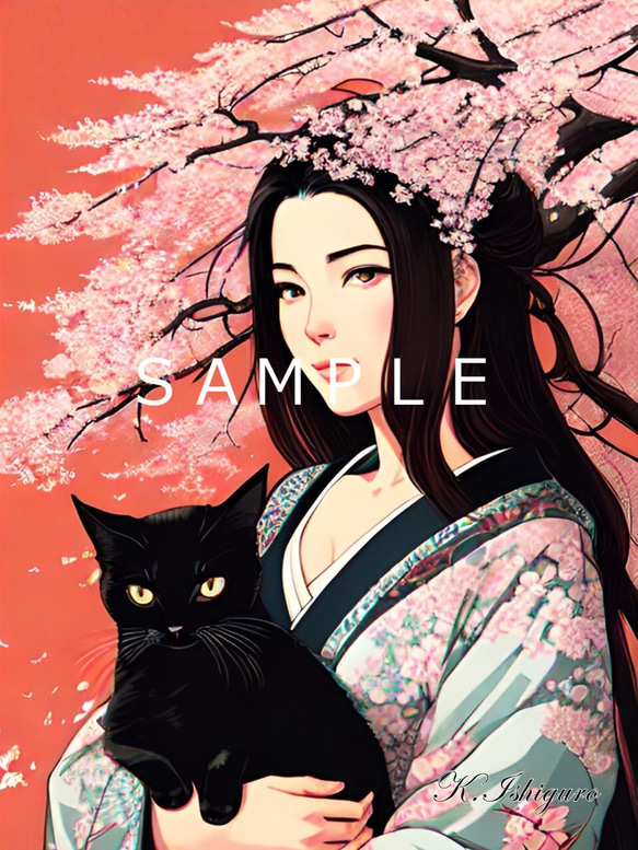 猫と女性と桜(オリジナルイラスト)A4額付き　№s-4334 1枚目の画像