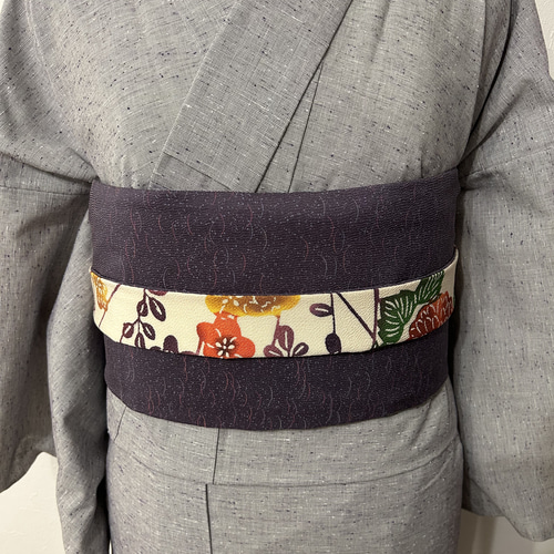 208号 半幅帯 正絹 リバーシブル 紅型 アイボリー×江戸小紋 露芝