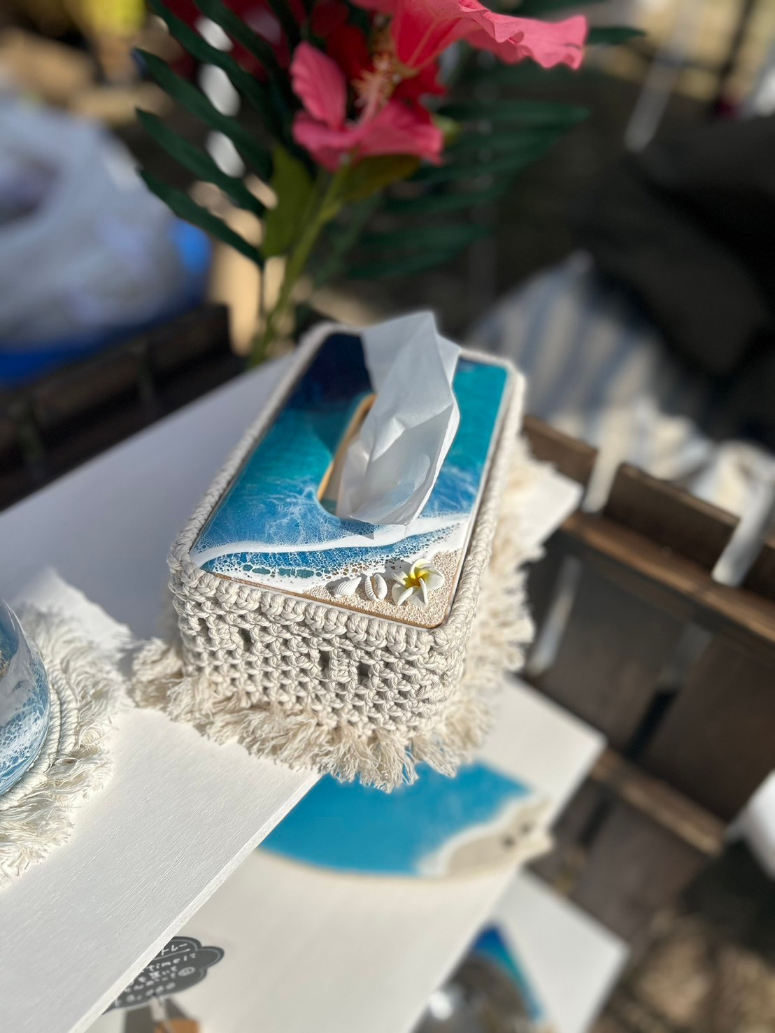 ocean artのティッシュケース（マクラメカバー付き）