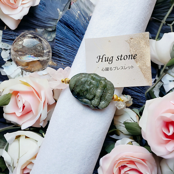 【ガネーシャと花】　天然石ブレスレット　ラブラドライト　ディープローズクォーツ 5枚目の画像