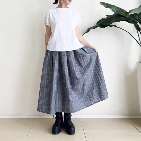 ロングプリーツスカート　* Linen chambray stripe * 3枚目の画像