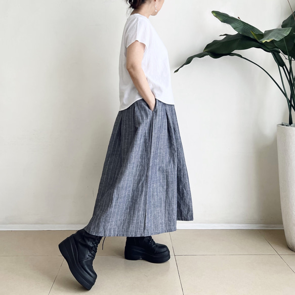 ロングプリーツスカート　* Linen chambray stripe * 4枚目の画像