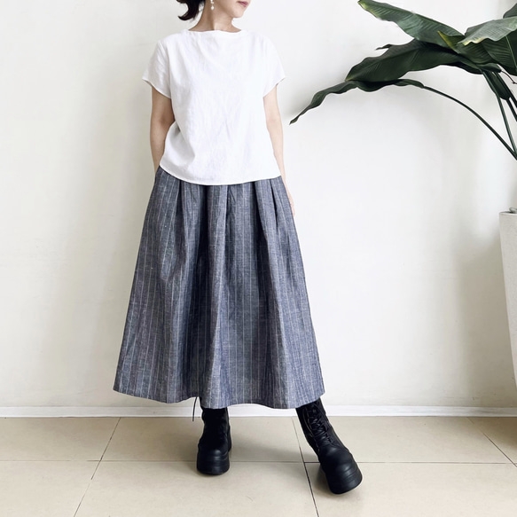 ロングプリーツスカート　* Linen chambray stripe * 2枚目の画像