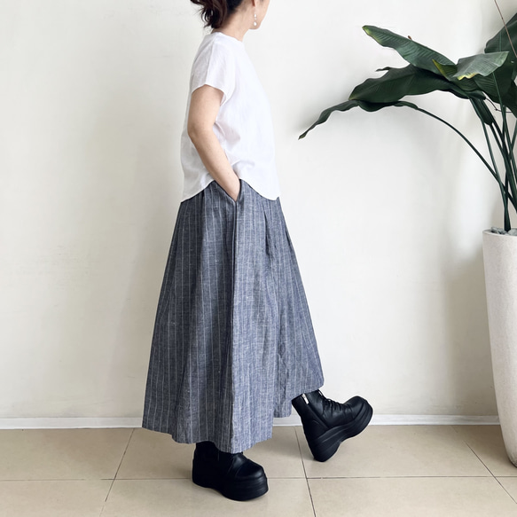 ロングプリーツスカート　* Linen chambray stripe * 5枚目の画像