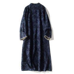 綿麻ジャガード織長袖ワンピース　チャイナドレス風ワンピース　袖に刺繍　ネイビー　L-XLサイズ　L319 2枚目の画像