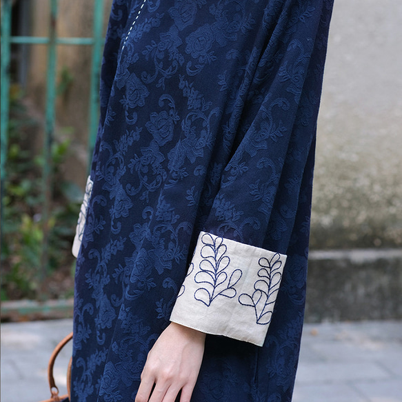 綿麻ジャガード織長袖ワンピース　チャイナドレス風ワンピース　袖に刺繍　ネイビー　L-XLサイズ　L319 13枚目の画像