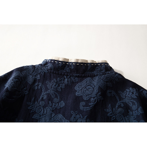 綿麻ジャガード織長袖ワンピース　チャイナドレス風ワンピース　袖に刺繍　ネイビー　L-XLサイズ　L319 10枚目の画像