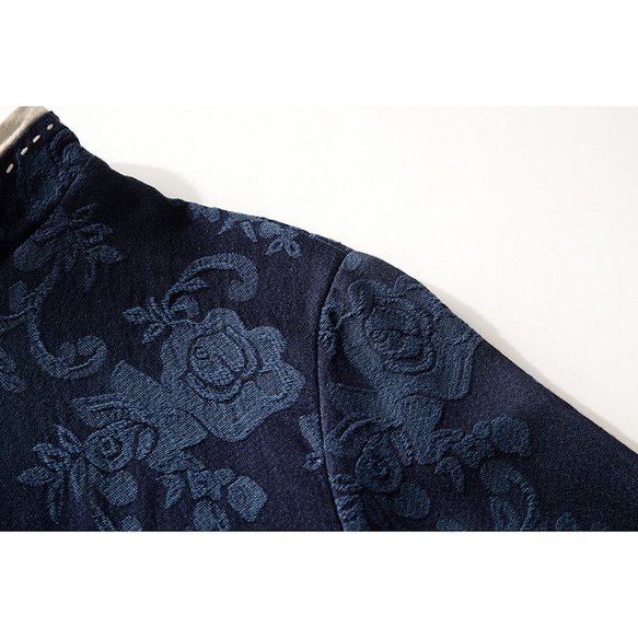 綿麻ジャガード織長袖ワンピース　チャイナドレス風ワンピース　袖に刺繍　ネイビー　L-XLサイズ　L319 4枚目の画像