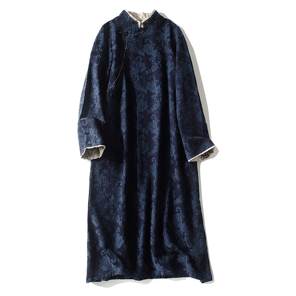 綿麻ジャガード織長袖ワンピース　チャイナドレス風ワンピース　袖に刺繍　ネイビー　L-XLサイズ　L319 1枚目の画像