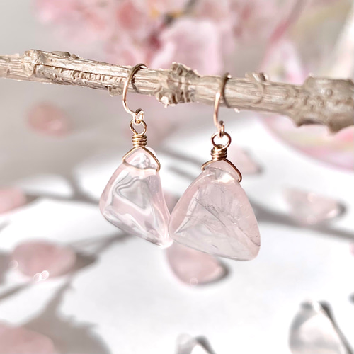 14kgf》ローズクォーツ 桜 花びら ネックレス＆ピアス