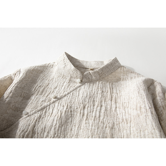 綿麻ジャガード織長袖ワンピース　チャイナドレス風ワンピース　ベージュ　M-Lサイズ　L321　 2枚目の画像